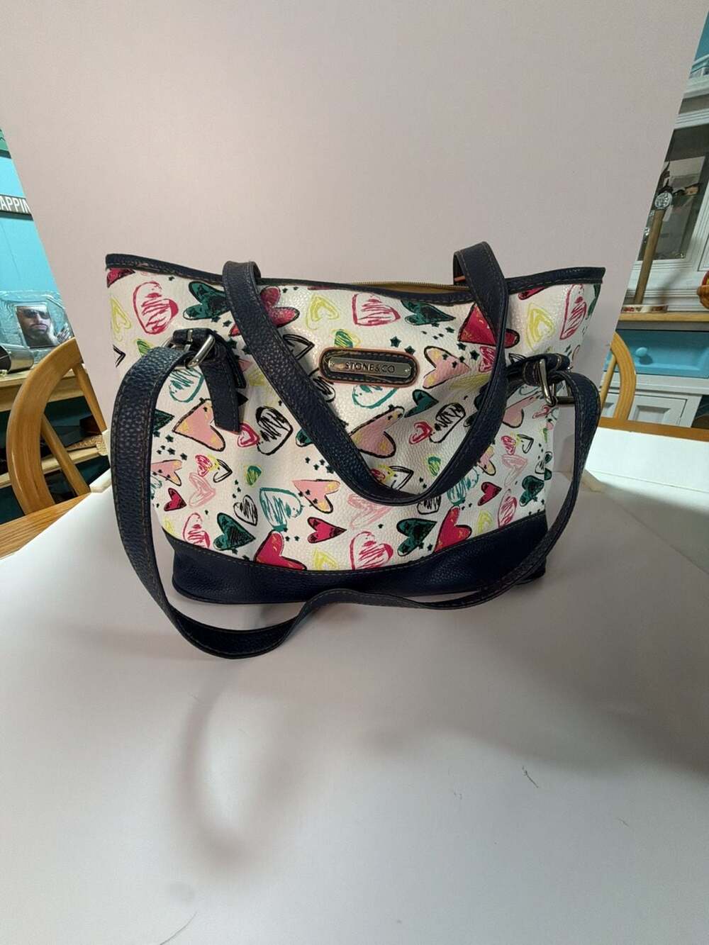 Stone & Co. Heart Pattern Print Tote Bag with Navy Blue Trim